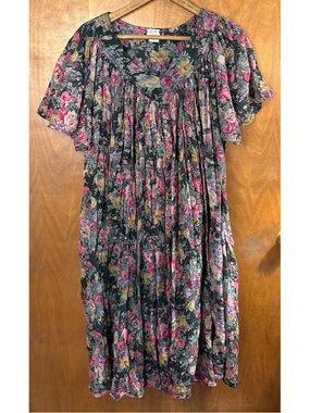 Vintage 80s Floral Babydoll Maxi Dress Gauzy Cotton 3X Cottagecore Witchy Grunge